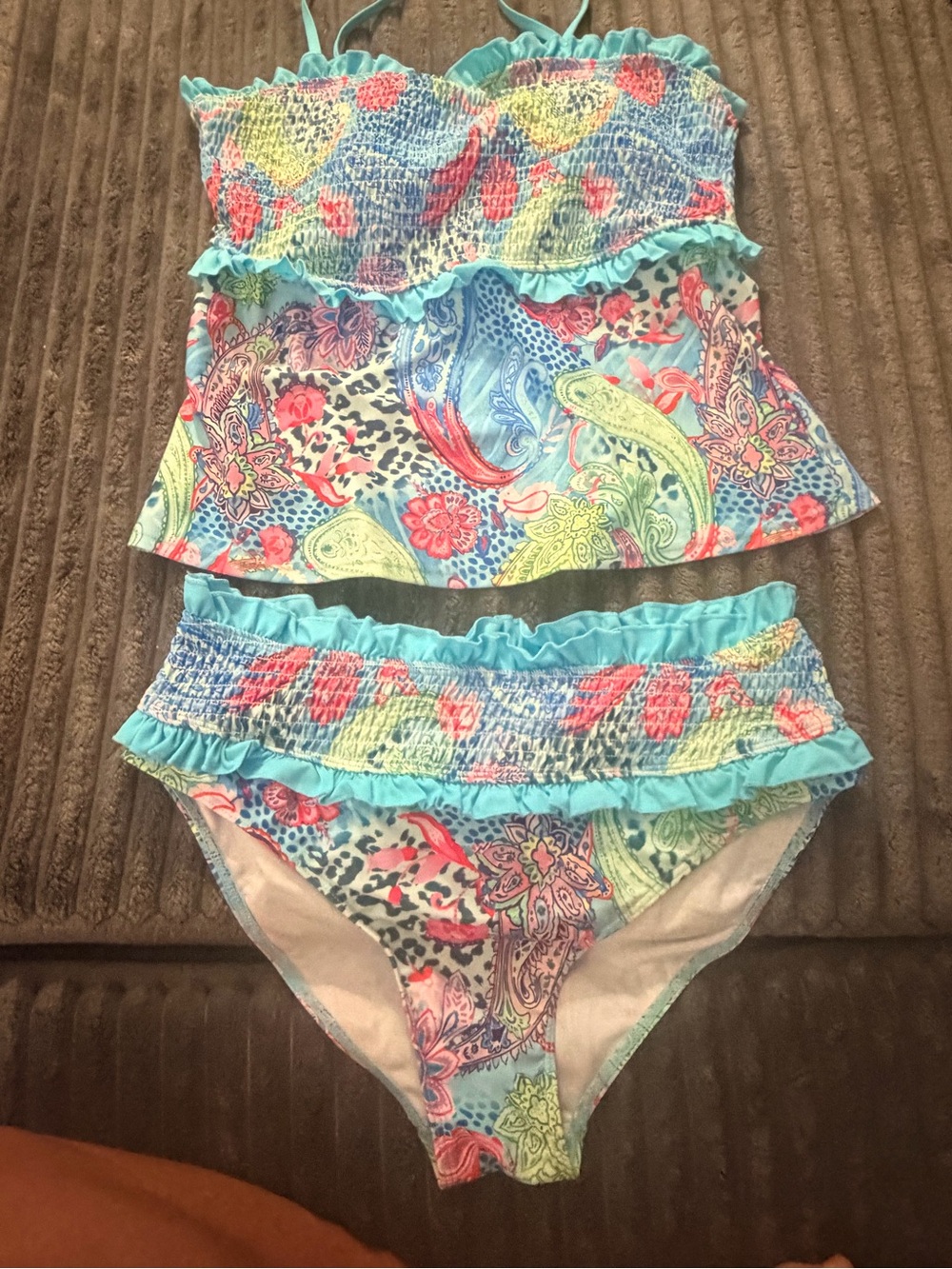 Women's Aqua Paisley Ruffle Tankini Bikini Set